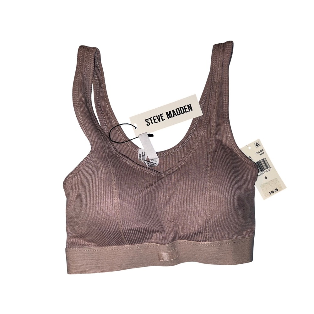 Steve Madden Ribbed Seamless Bra‎ Comfort Stretch Activewear, Bark, Size S, NWT
